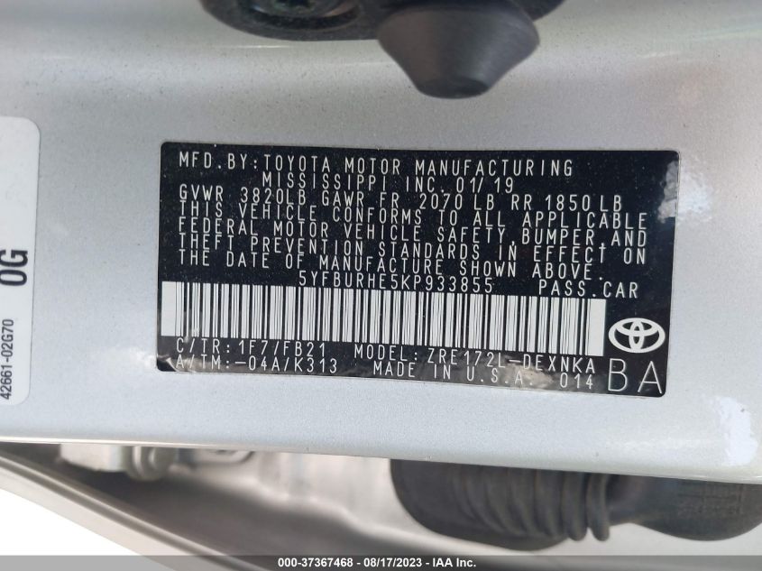 2019 TOYOTA COROLLA L/LE/SE/XLE/XSE - 5YFBURHE5KP933855