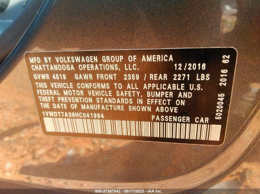 2017 VOLKSWAGEN PASSAT R-LINE - 1VWDT7A38HC041994