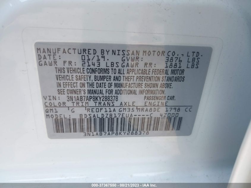 2019 NISSAN SENTRA SV - 3N1AB7AP8KY288378