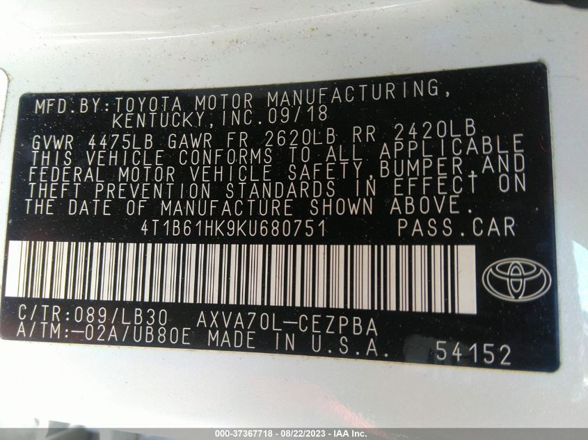 2019 TOYOTA CAMRY XSE - 4T1B61HK9KU680751