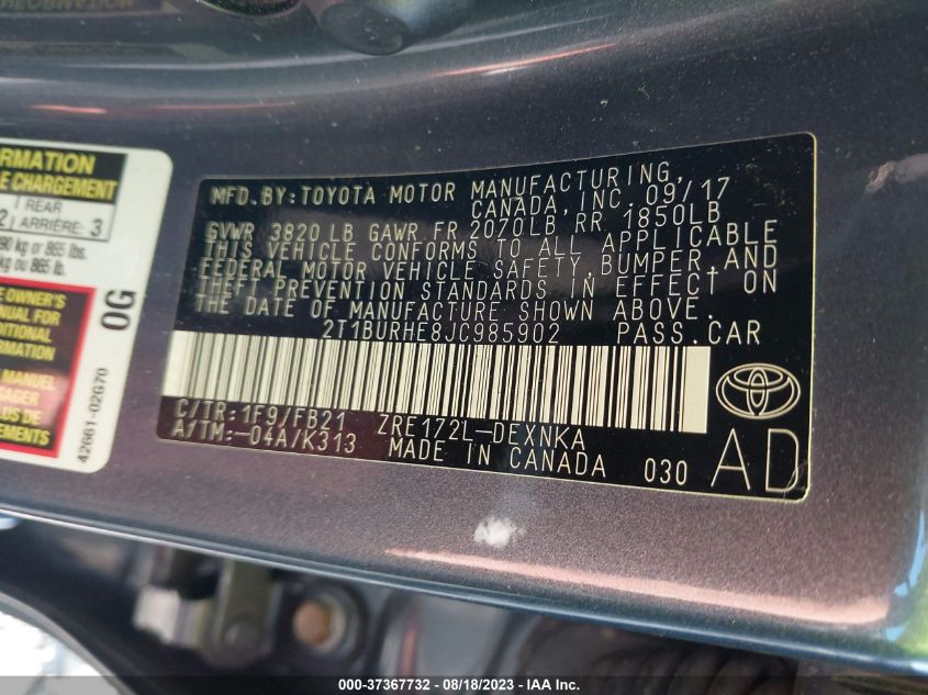 2018 TOYOTA COROLLA L/LE/XLE/SE/XSE - 2T1BURHE8JC985902