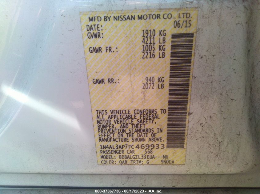 2015 NISSAN ALTIMA 2.5 S - 1N4AL3AP7FC469933