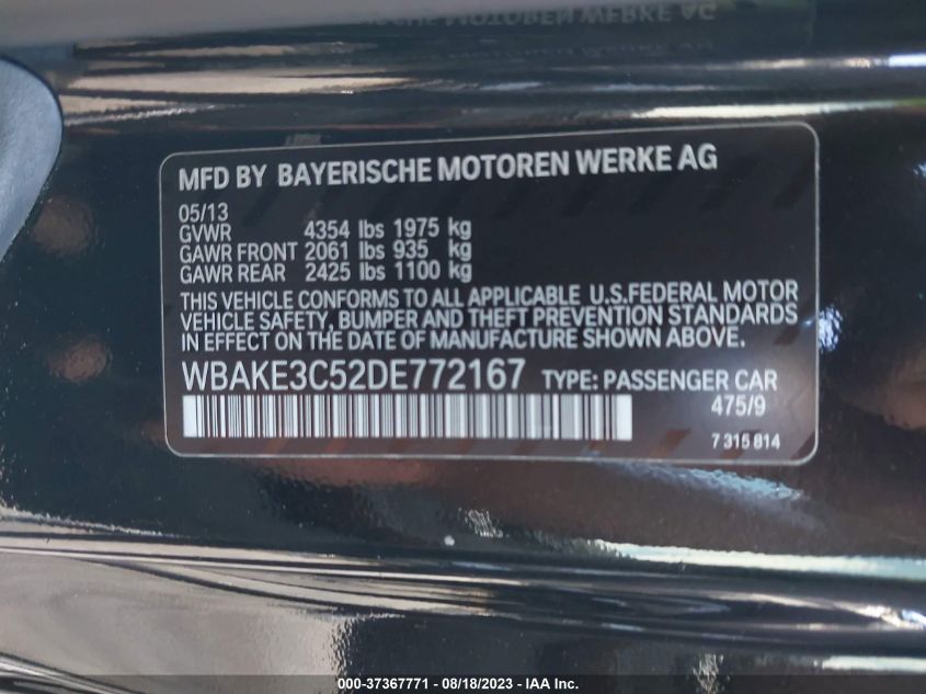 2013 BMW 3 SERIES 328I - WBAKE3C52DE772167