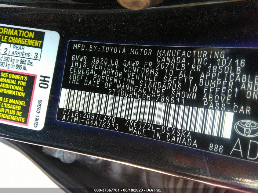 2017 TOYOTA COROLLA L/LE/XLE/SE - 2T1BURHE6HC788611