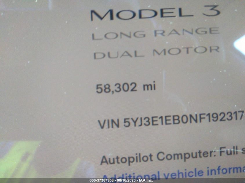 2022 TESLA MODEL 3 LONG RANGE - 5YJ3E1EB0NF192317