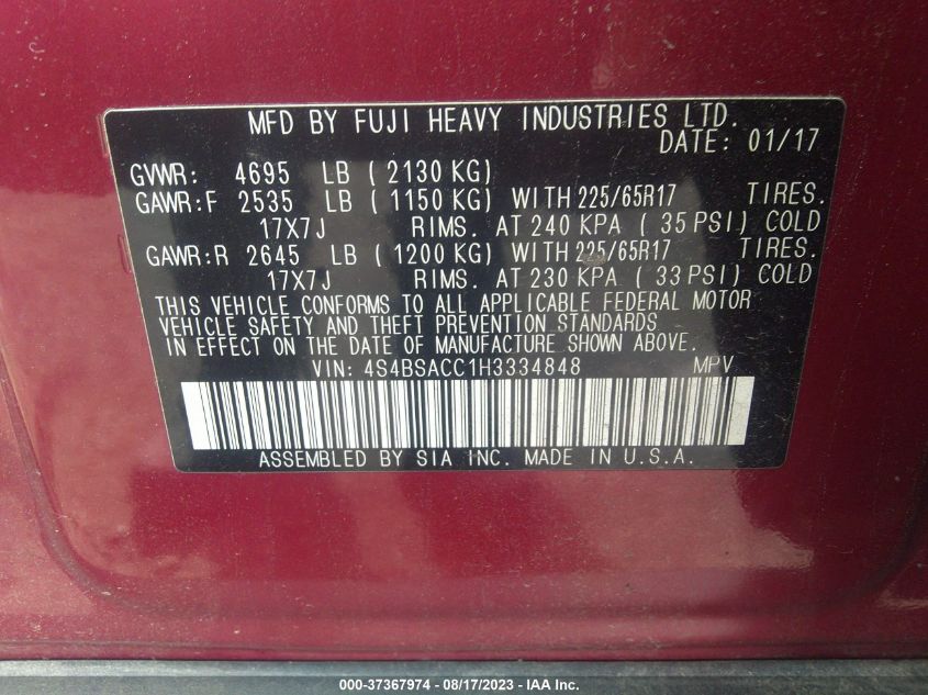 2017 SUBARU OUTBACK PREMIUM - 4S4BSACC1H3334848