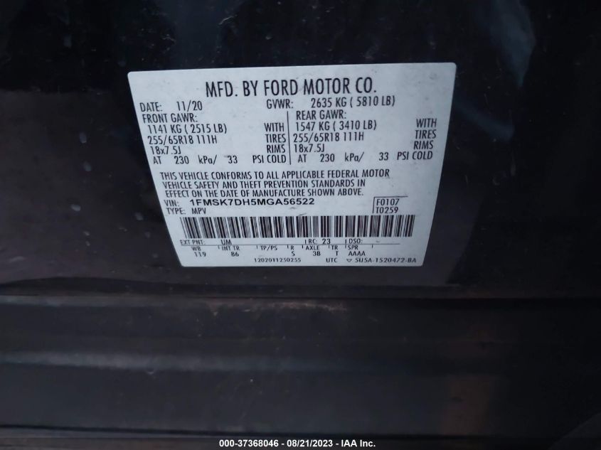 2021 FORD EXPLORER XLT - 1FMSK7DH5MGA56522