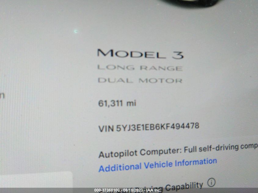 2019 TESLA MODEL 3 - 5YJ3E1EB6KF494478