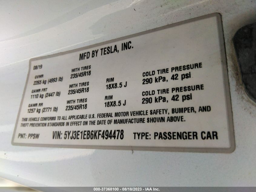 2019 TESLA MODEL 3 - 5YJ3E1EB6KF494478