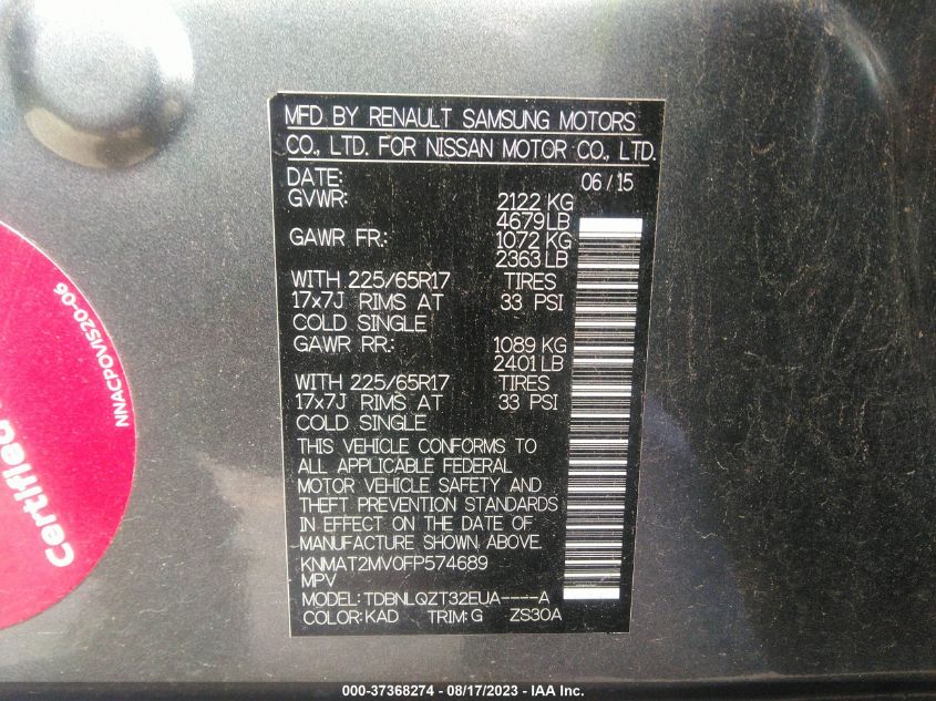 2015 NISSAN ROGUE SV - KNMAT2MV0FP574689