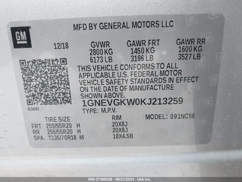 2019 CHEVROLET TRAVERSE LT CLOTH - 1GNEVGKW0KJ213259