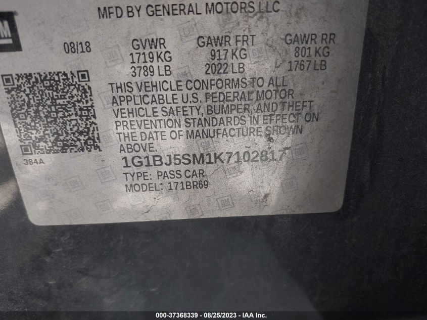 2019 CHEVROLET CRUZE - 1G1BJ5SM1K7102817