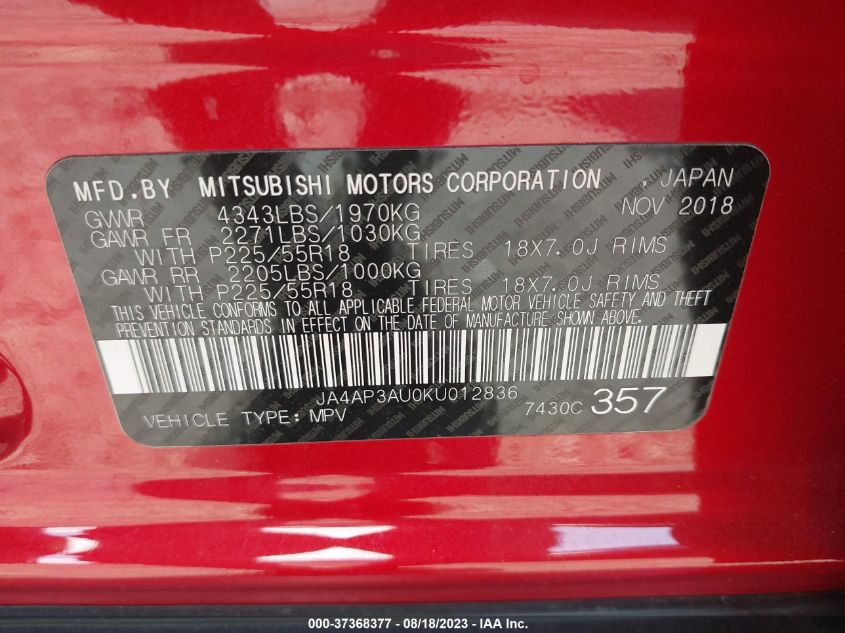 2019 MITSUBISHI OUTLANDER SPORT ES/LE/SP - JA4AP3AU0KU012836