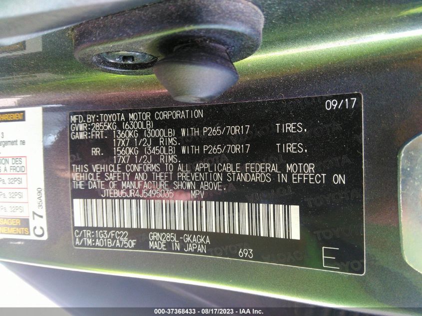 VIN JTEBU5JR4J5495035 2018 TOYOTA 4RUNNER SR5