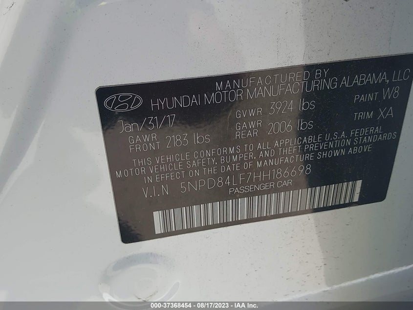 VIN 5NPD84LF7HH186698 2017 HYUNDAI ELANTRA VALUE EDITION