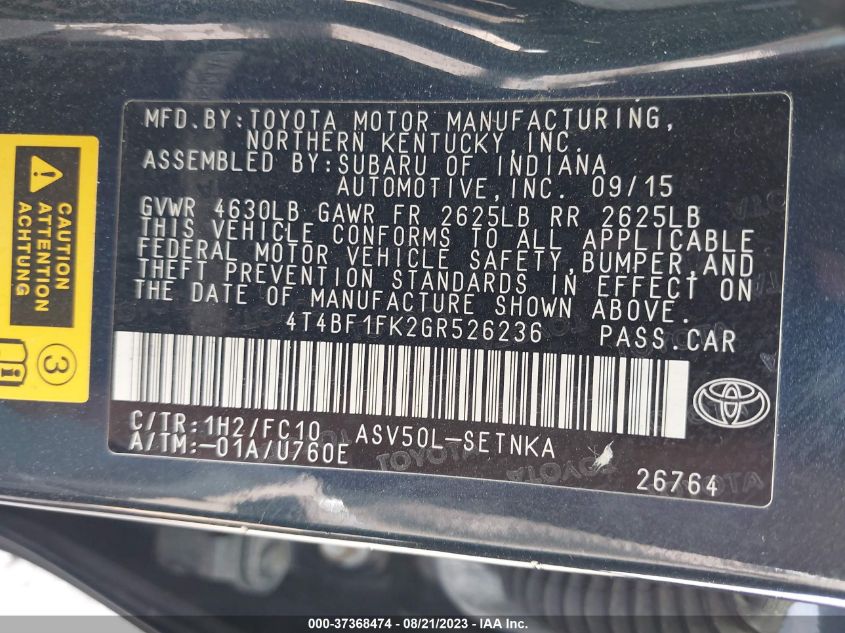 2016 TOYOTA CAMRY XLE/SE/LE/XSE - 4T4BF1FK2GR526236