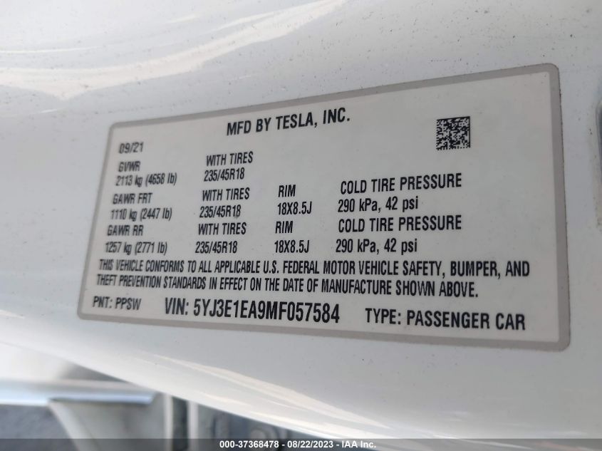 2021 TESLA MODEL 3 STANDARD RANGE PLUS - 5YJ3E1EA9MF057584