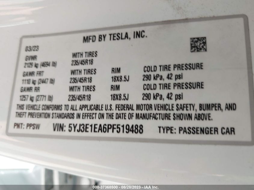 2023 TESLA MODEL 3 - 5YJ3E1EA6PF519488