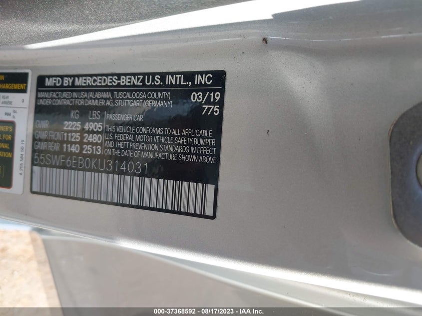VIN 55SWF6EB0KU314031 2019 MERCEDES-BENZ C-CLASS AMG C 43