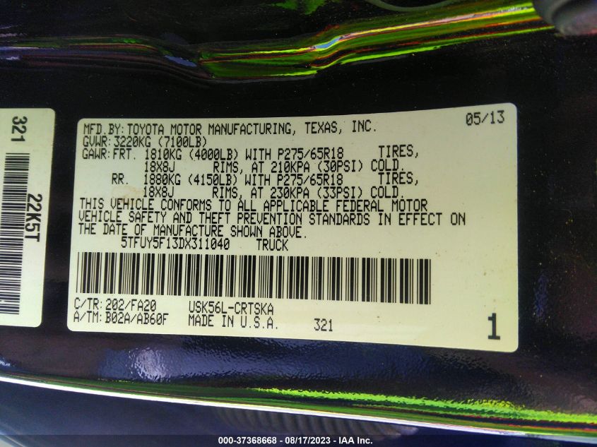 2013 TOYOTA TUNDRA 4WD TRUCK - 5TFUY5F13DX311040