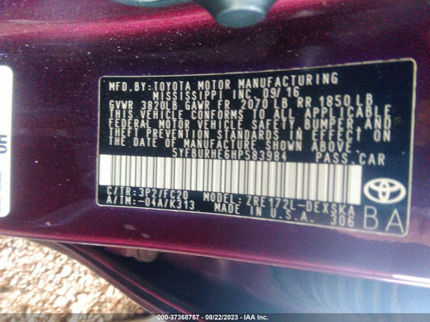 2017 TOYOTA COROLLA L/LE/XLE/SE - 5YFBURHE6HP583984