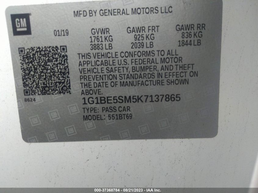 2019 CHEVROLET CRUZE LT - 1G1BE5SM5K7137865