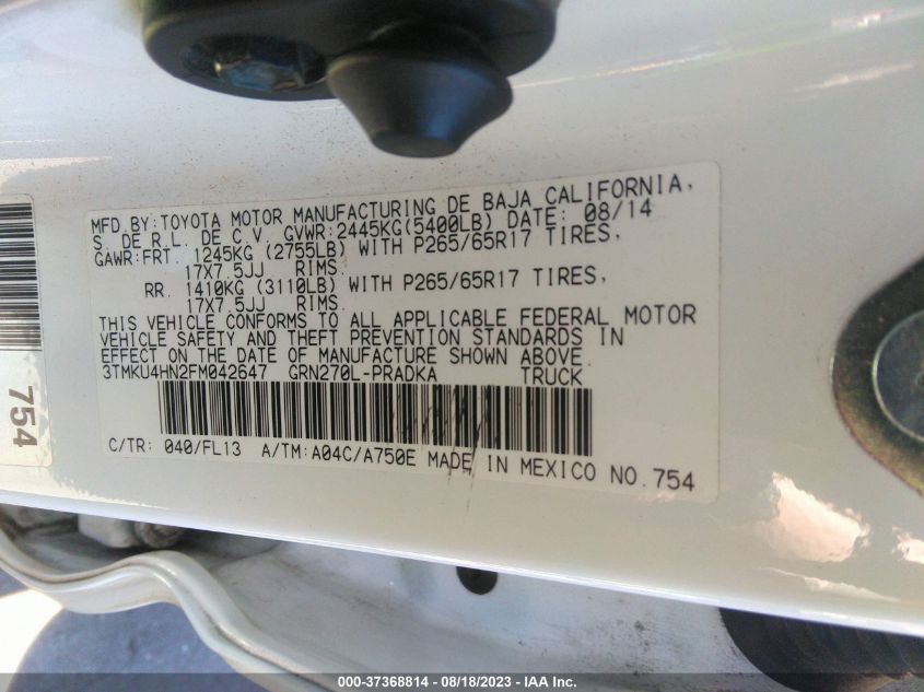 2015 TOYOTA TACOMA PRERUNNER - 3TMKU4HN2FM042647
