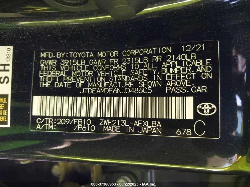 2022 TOYOTA COROLLA HYBRID LE - JTDEAMDE6NJ048605