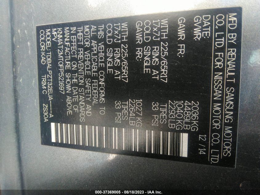 2015 NISSAN ROGUE S/SL/SV - KNMAT2MT0FP521697