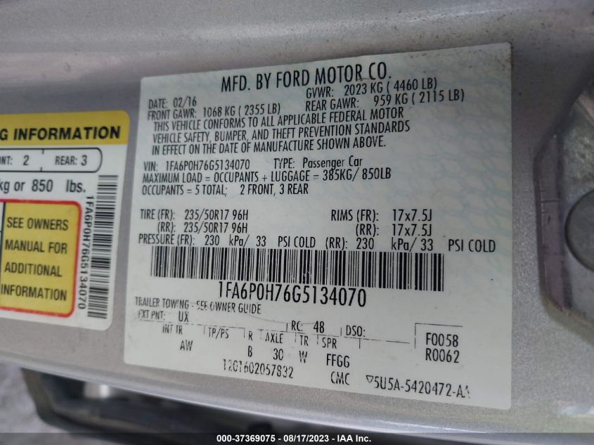 2016 FORD FUSION SE - 1FA6P0H76G5134070