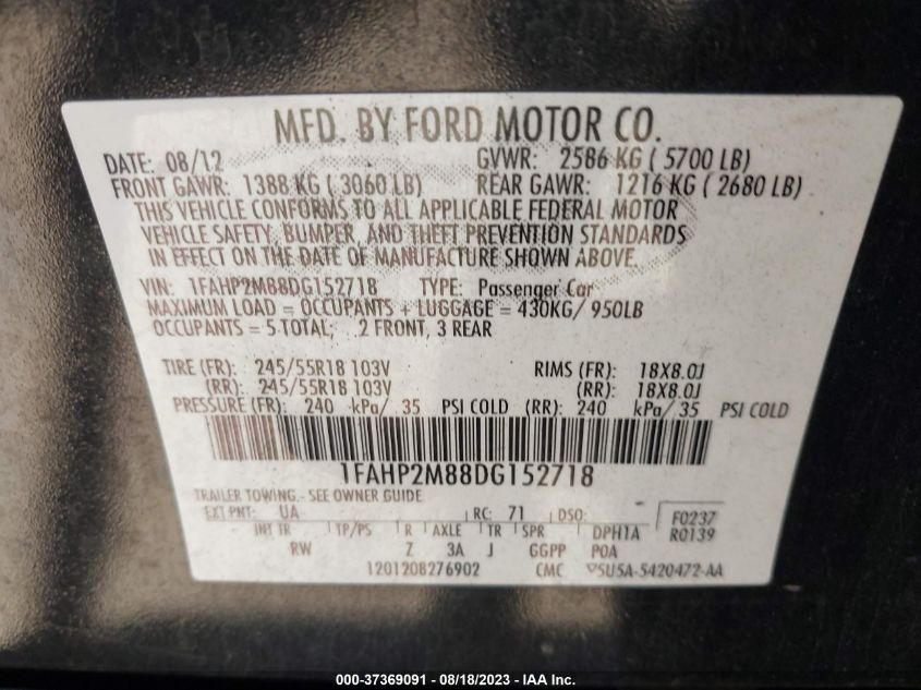 2013 FORD SEDAN POLICE INTERCEPTOR 1FAHP2M88DG152718