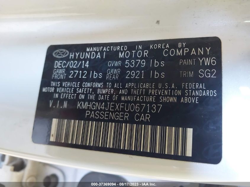 2015 HYUNDAI GENESIS 3.8L - KMHGN4JEXFU067137