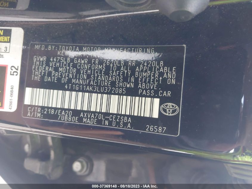 2020 TOYOTA CAMRY SE - 4T1G11AK3LU372085
