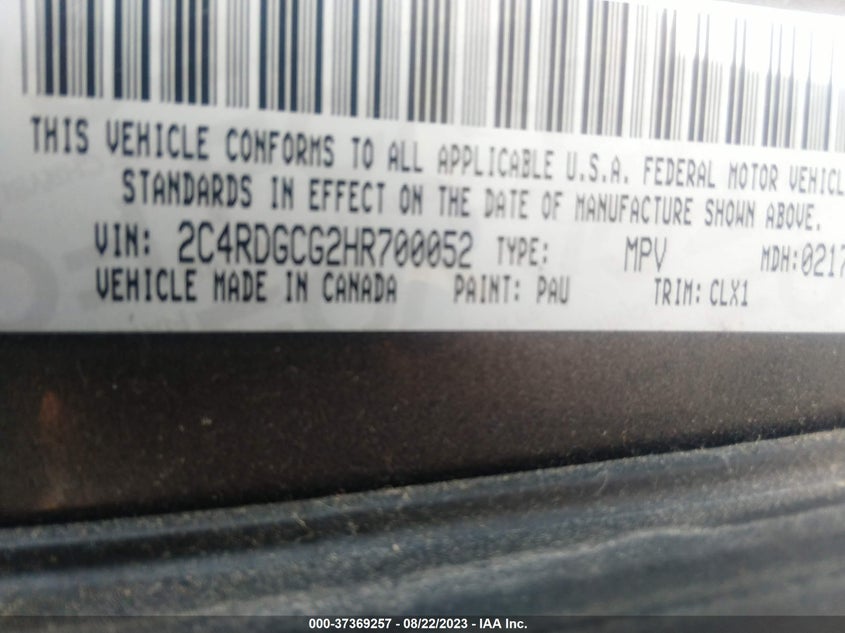 VIN 2C4RDGCG2HR700052 2017 DODGE GRAND CARAVAN SXT