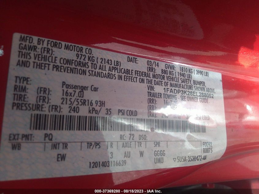 2014 FORD FOCUS SE - 1FADP3K28EL288052