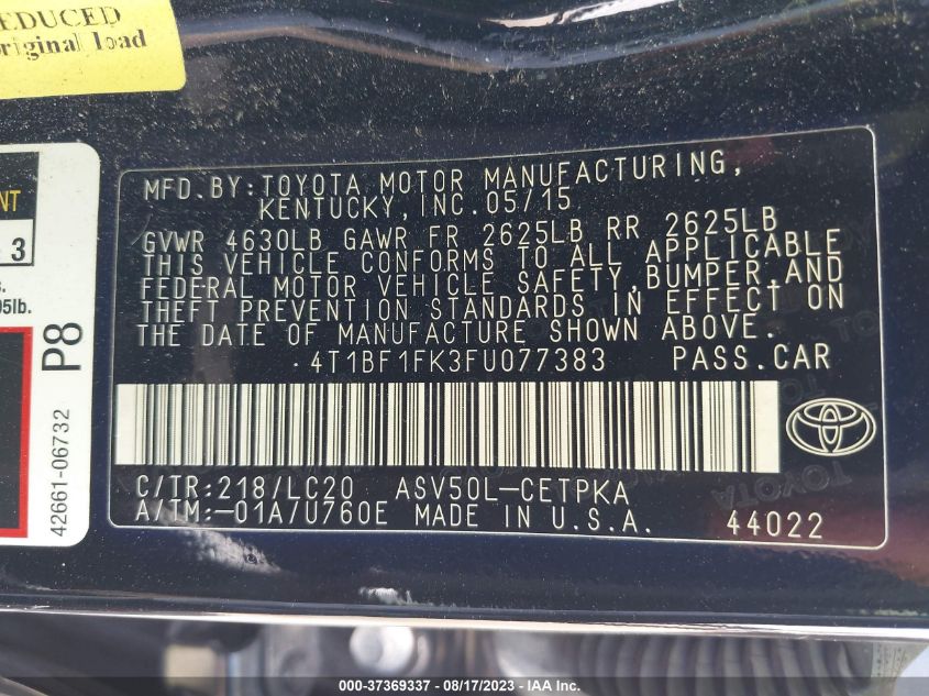 2015 TOYOTA CAMRY XLE/SE/LE/XSE - 4T1BF1FK3FU077383