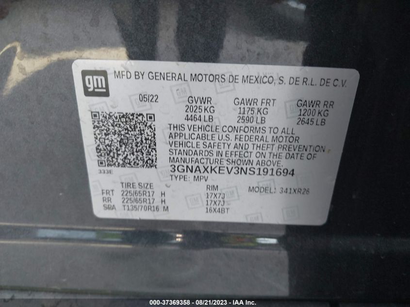 2022 CHEVROLET EQUINOX LT - 3GNAXKEV3NS191694