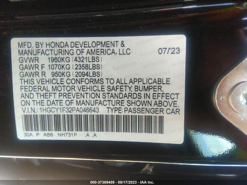 2023 HONDA ACCORD SEDAN EX - 1HGCY1F32PA046643
