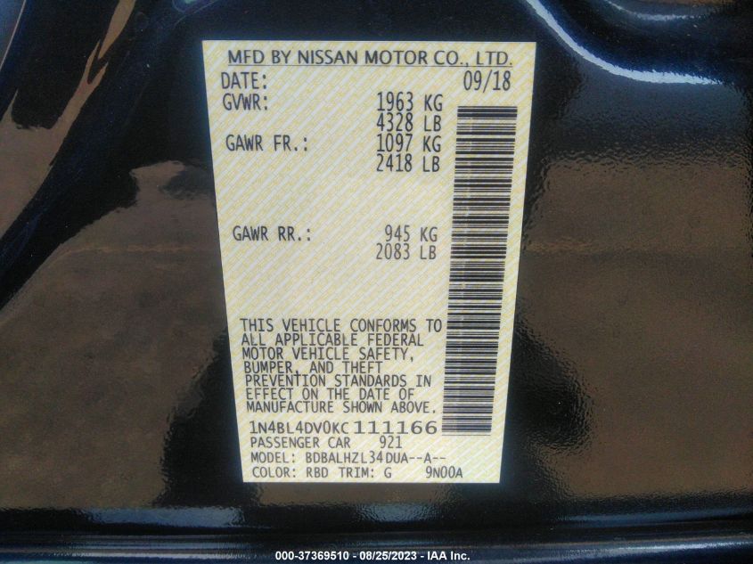 2019 NISSAN ALTIMA 2.5 SV - 1N4BL4DV0KC111166