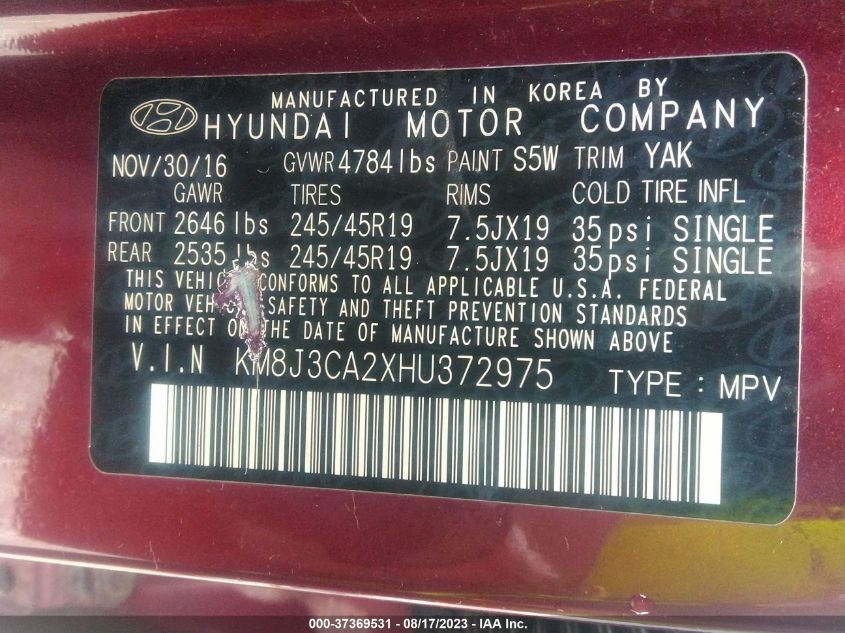 2017 HYUNDAI TUCSON LIMITED/SPORT AND ECO/SE - KM8J3CA2XHU372975