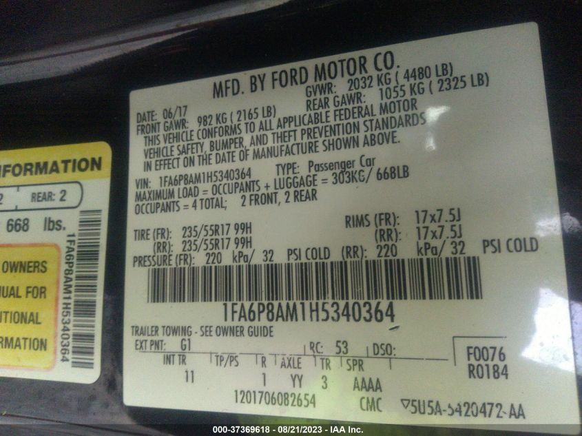 2017 FORD MUSTANG - 1FA6P8AM1H5340364