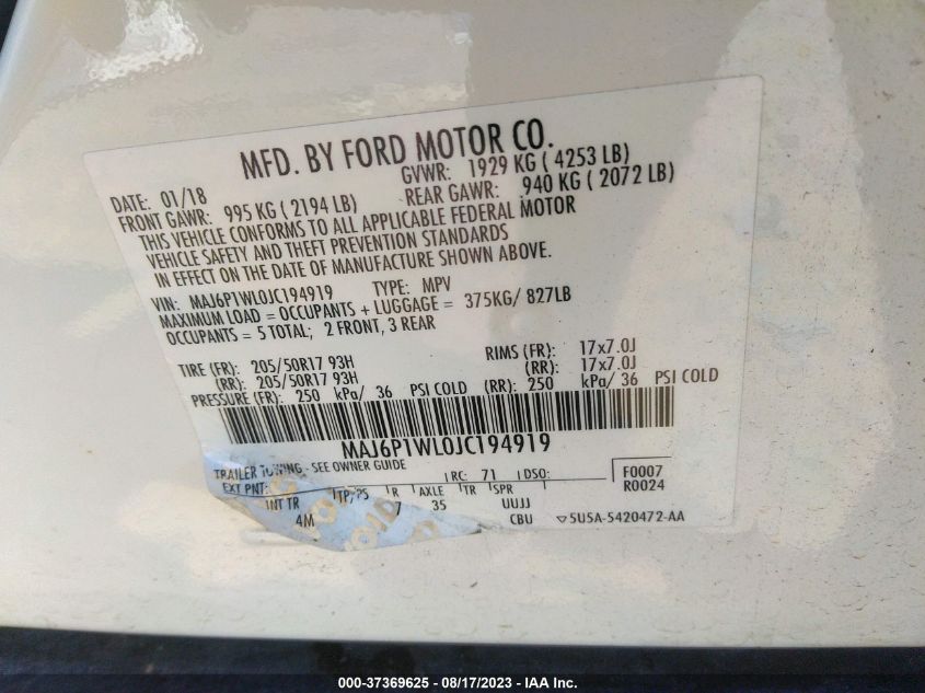 VIN MAJ6P1WL0JC194919 2018 FORD ECOSPORT TITANIUM