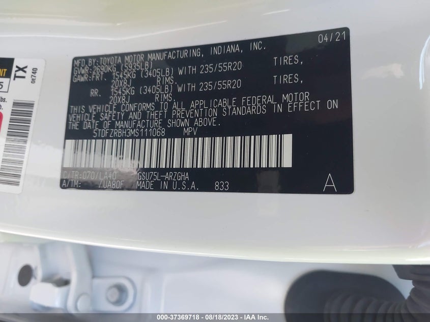 VIN 5TDFZRBH3MS111068 2021 TOYOTA HIGHLANDER PLATINUM