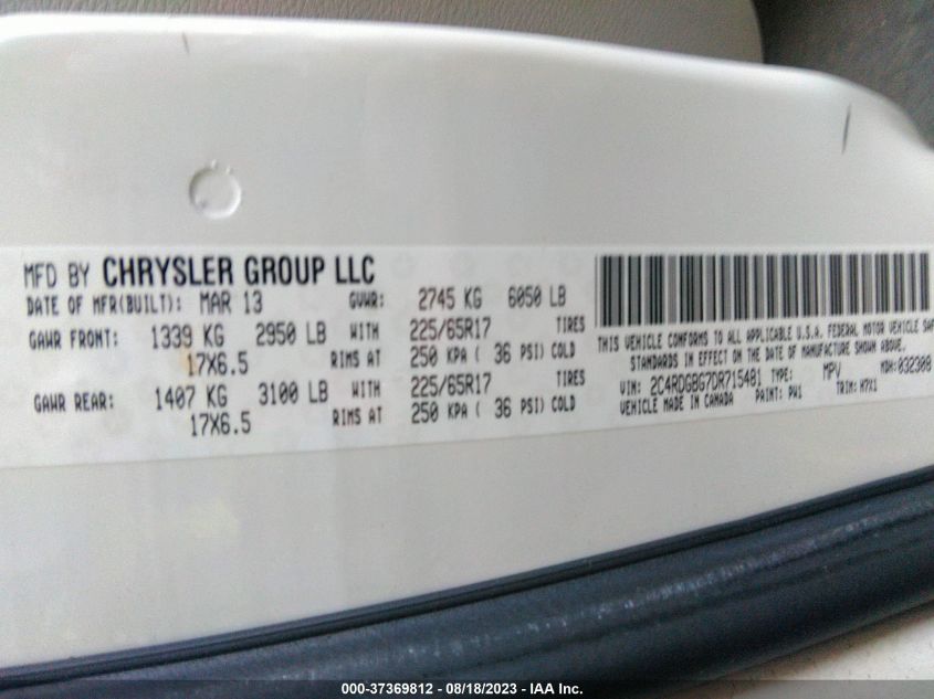 2013 DODGE GRAND CARAVAN AMERICAN VALUE PKG - 2C4RDGBG7DR715481