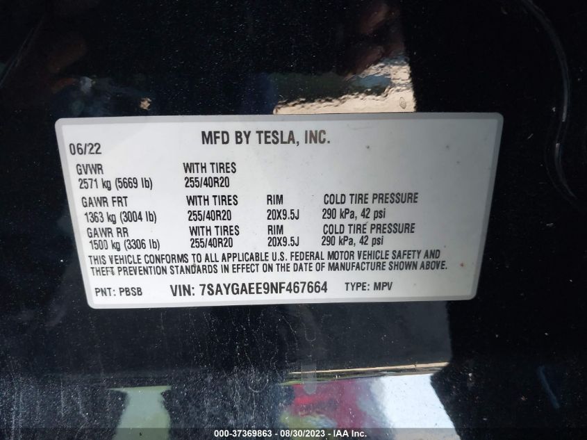2022 TESLA MODEL Y LONG RANGE - 7SAYGAEE9NF467664