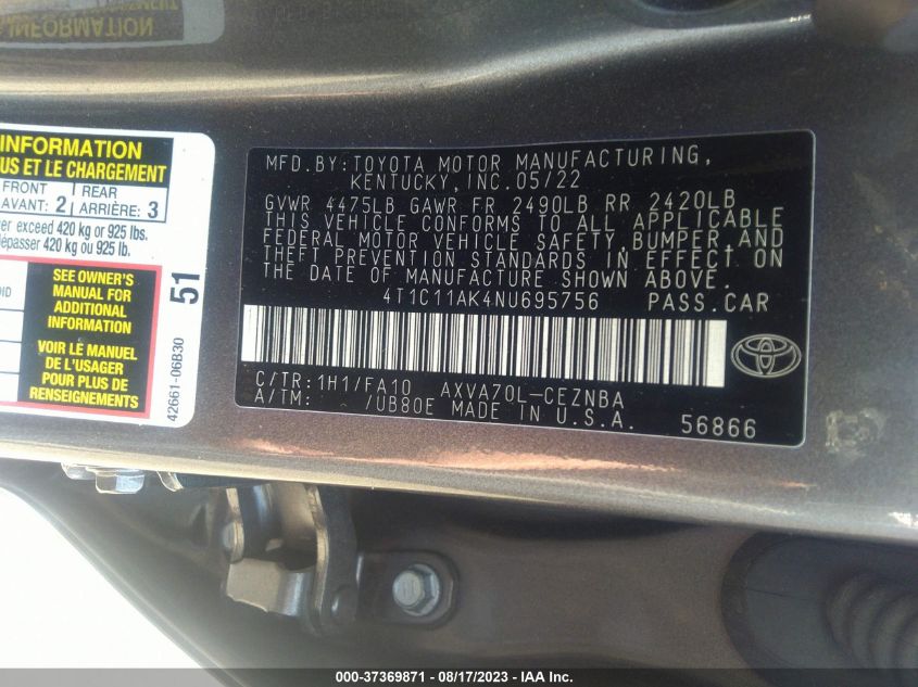 2022 TOYOTA CAMRY LE - 4T1C11AK4NU695756