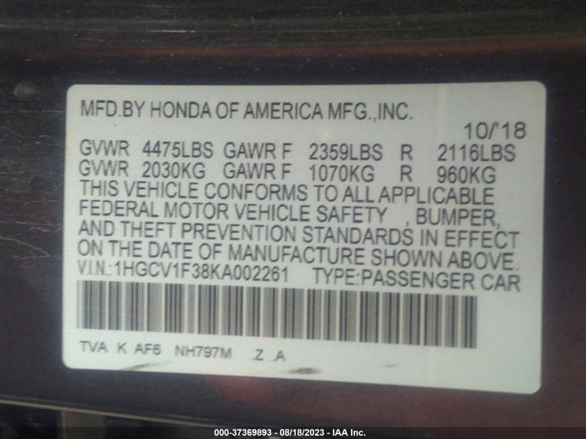 2019 HONDA ACCORD SEDAN SPORT 1.5T - 1HGCV1F38KA002261