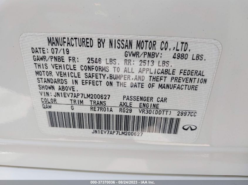 VIN JN1EV7AP7LM200627 2020 INFINITI Q50 3.0T SPORT