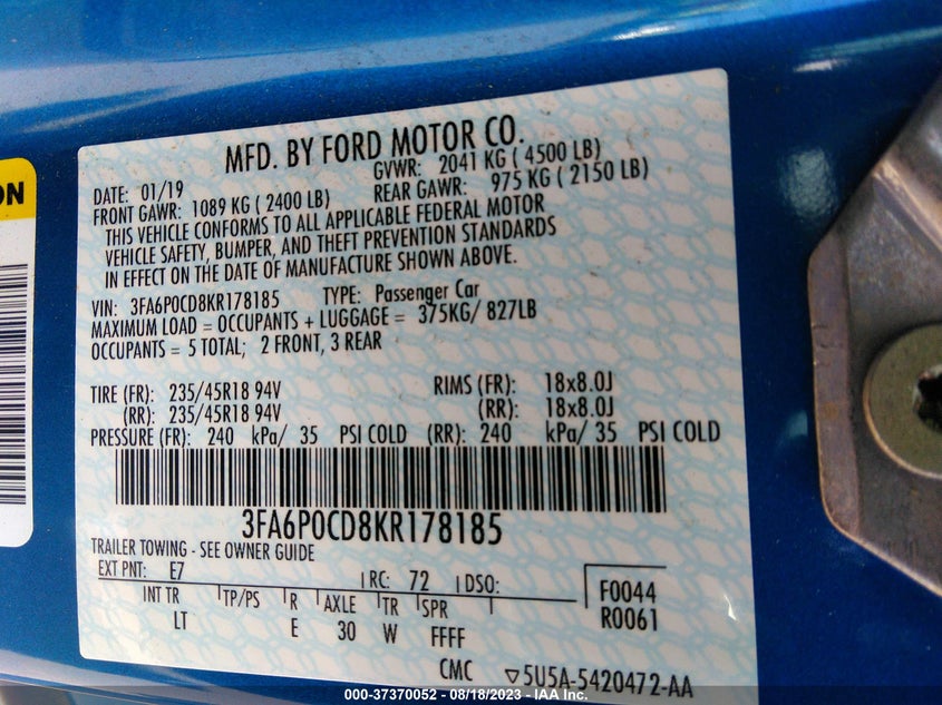 VIN 3FA6P0CD8KR178185 2019 FORD FUSION SEL