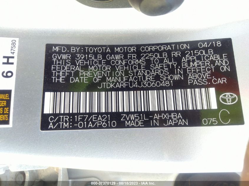 2018 TOYOTA PRIUS - JTDKARFU4J3060481